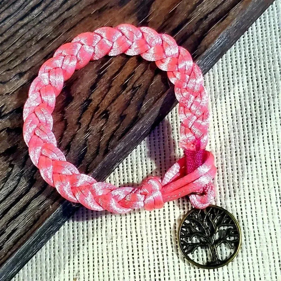 Braided Bright Hot Pink Silk Antique Brass Tree of Life Charm Button Bracelet - Picture 1 of 5